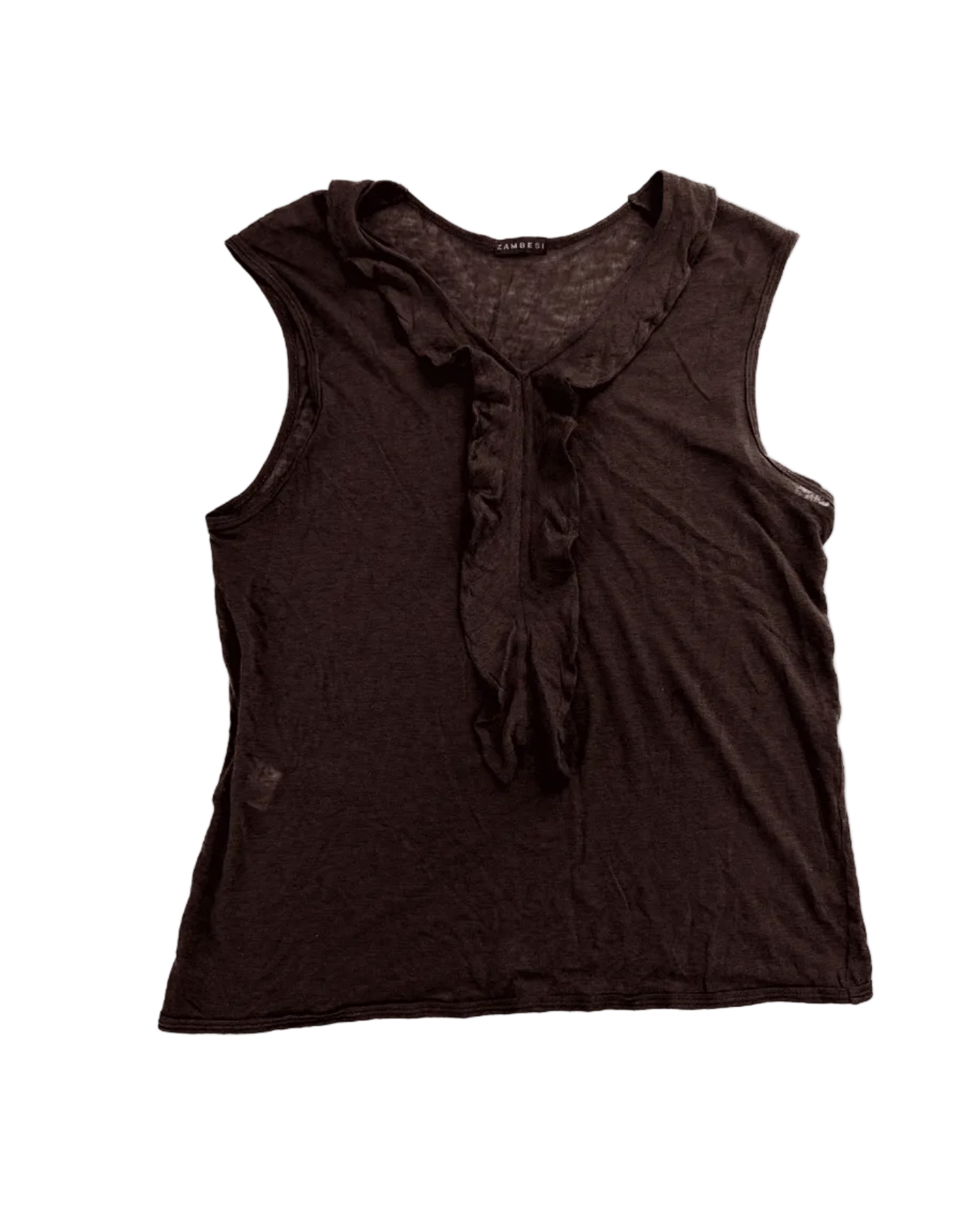 Zambesi tank top, dark brown sleeveless with scoop neck and tie at neckline
