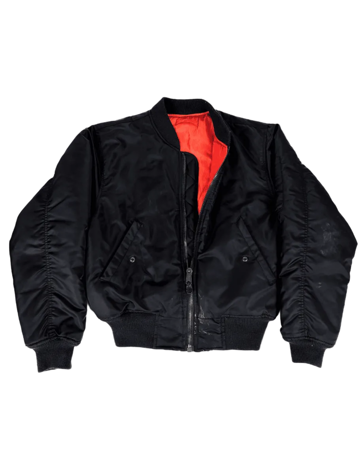 Black bomber jacket with orange lining at open front and front zipper pockets