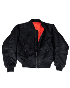 Black bomber jacket with orange lining at open front and front zipper pockets