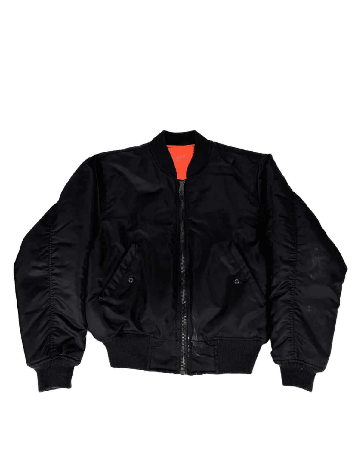 Black bomber jacket with front zipper, ribbed collar and cuffs, flap pockets