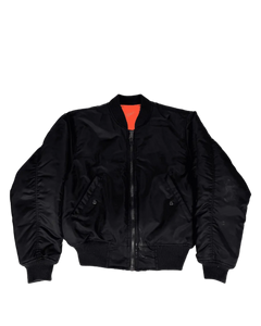Black bomber jacket with front zipper, ribbed collar and cuffs, flap pockets