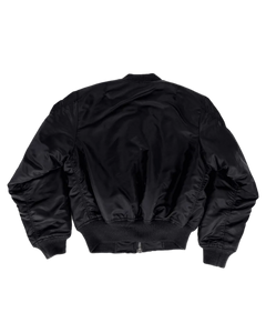 Black bomber jacket back view with ribbed hem and cuffs