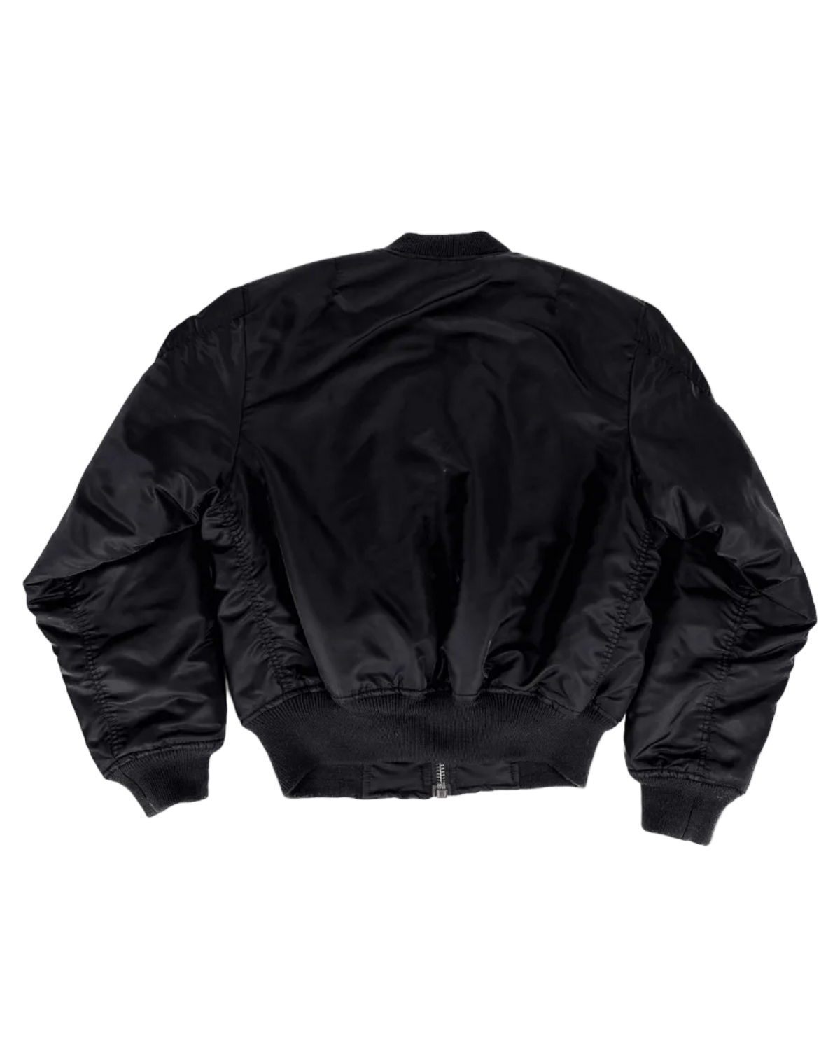 Black bomber jacket back view with ribbed hem and cuffs