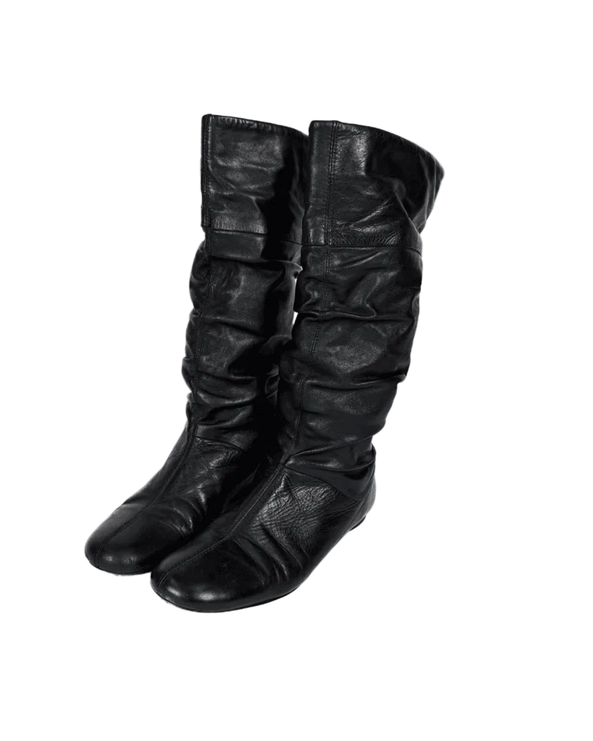 Scrunch leather boots, black, ruched shaft and low heel