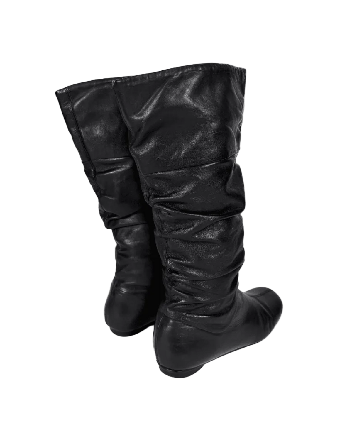 Scrunch leather boots, black, side view with ruched padded shaft