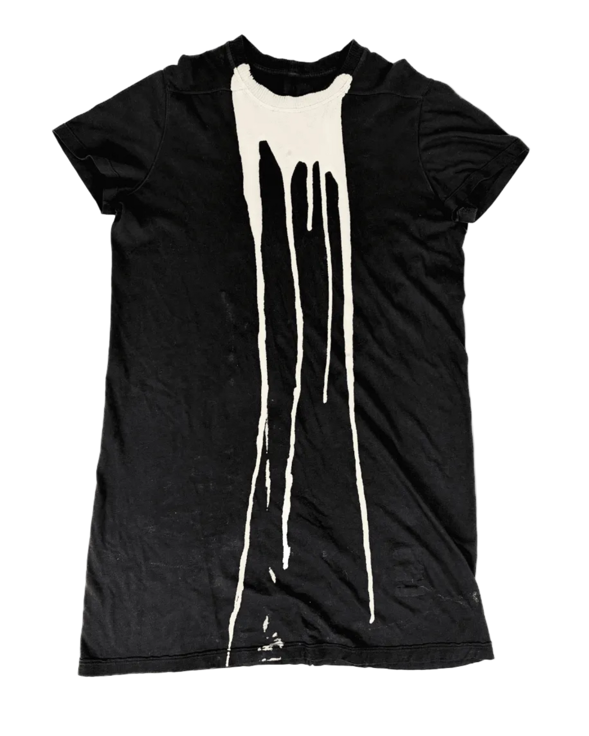Black short-sleeve T-shirt with tall white drip-style graphic on front