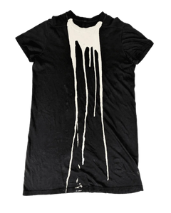 Black short-sleeve T-shirt with tall white drip-style graphic on front