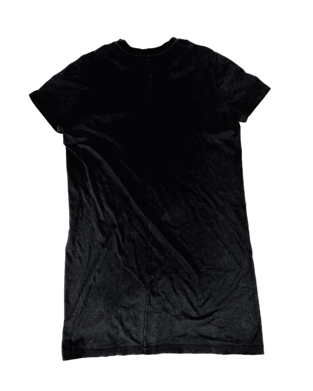 Black short-sleeve T-shirt with draped front and curved hem