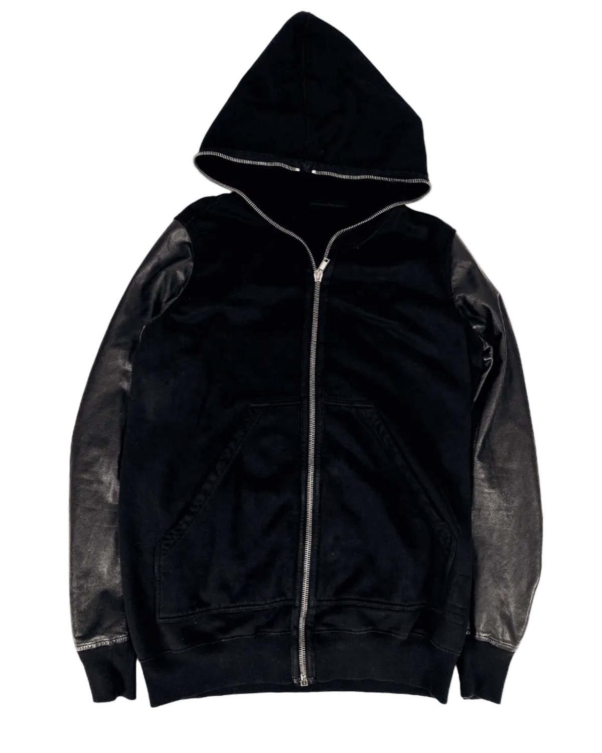 Dark hooded leather-look hybrid gimp hoodie with front zip and contrast trim around hood