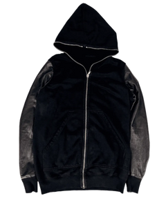 Dark hooded leather-look hybrid gimp hoodie with front zip and contrast trim around hood