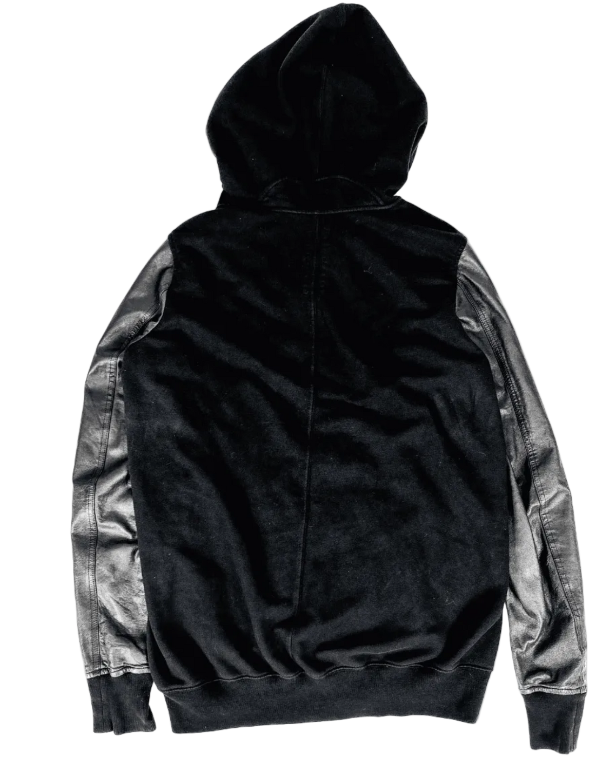 Dark hooded zip hoodie with textured leather-look sleeves and ribbed hem cuffs