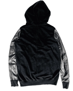 Dark hooded zip hoodie with textured leather-look sleeves and ribbed hem cuffs