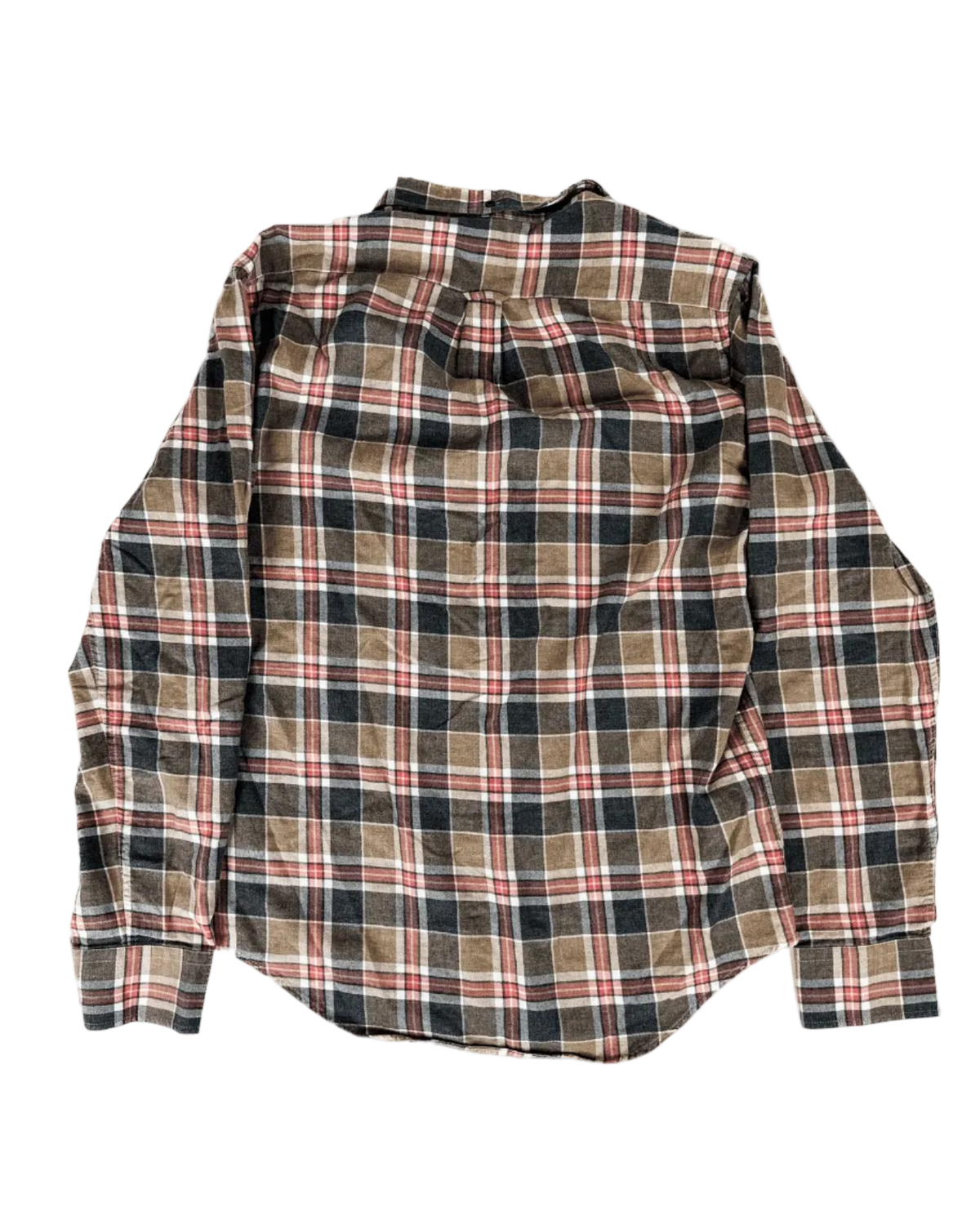 Plaid flannel button-up shirt in dark brown, red, and white; long sleeves, rear view