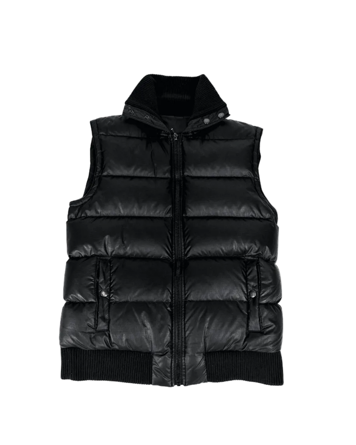 Black hooded puffer vest, full-zip front, quilted panels, ribbed hem and cuffs
