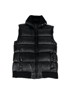 Black hooded puffer vest, full-zip front, quilted panels, ribbed hem and cuffs