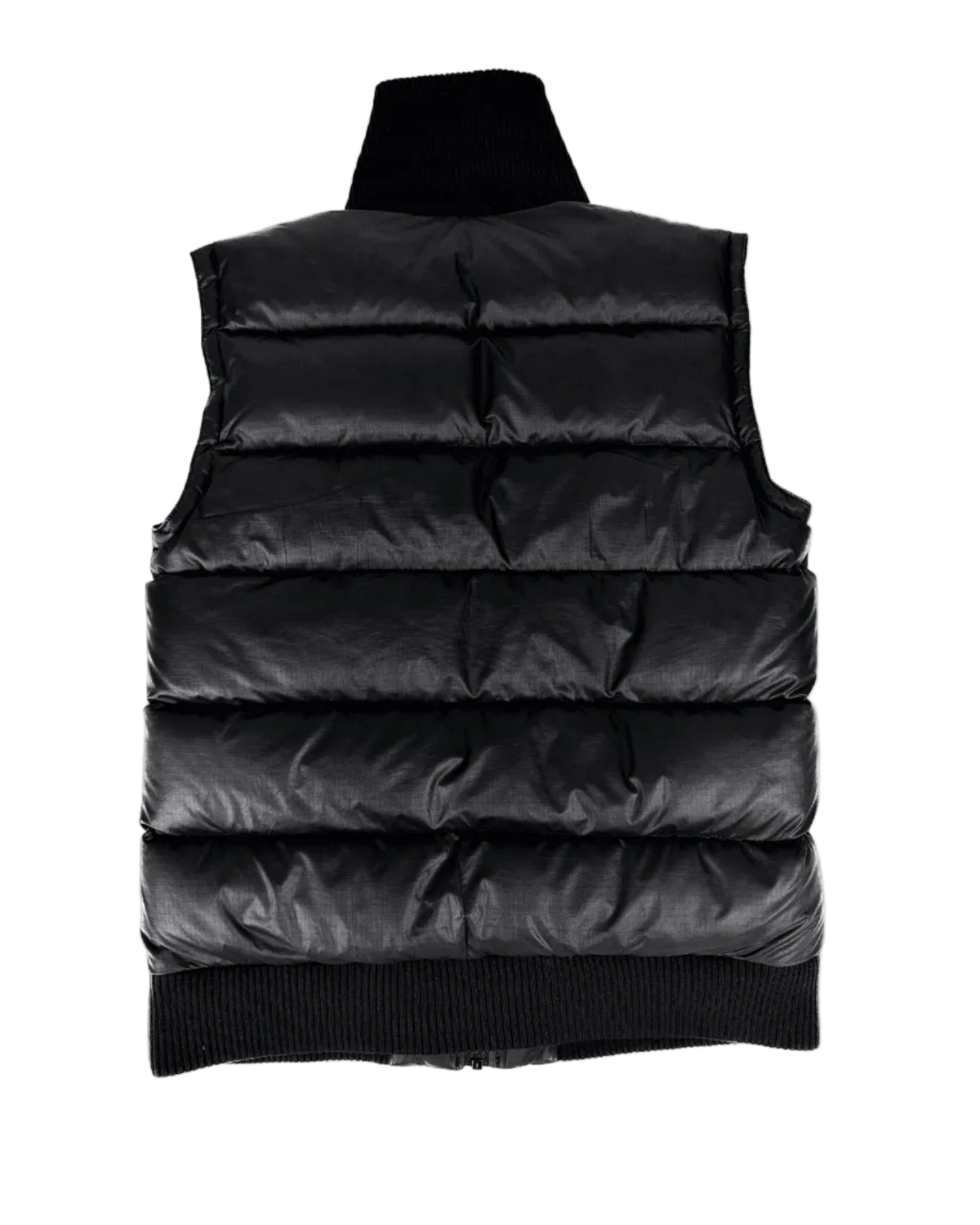 Black hooded puffer vest with horizontal quilted baffles and ribbed hem