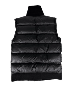 Black hooded puffer vest with horizontal quilted baffles and ribbed hem