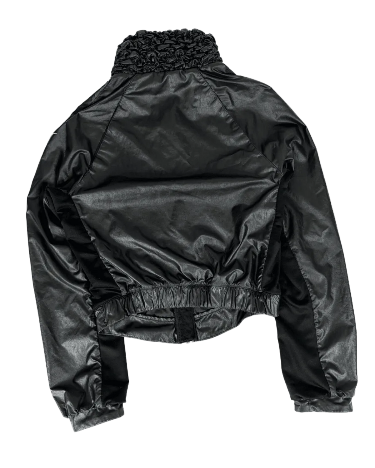 Nike ruffle-collar tracksuit top, black windbreaker-style, full-zip, ruched neckline