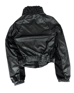 Nike ruffle-collar tracksuit top, black windbreaker-style, full-zip, ruched neckline