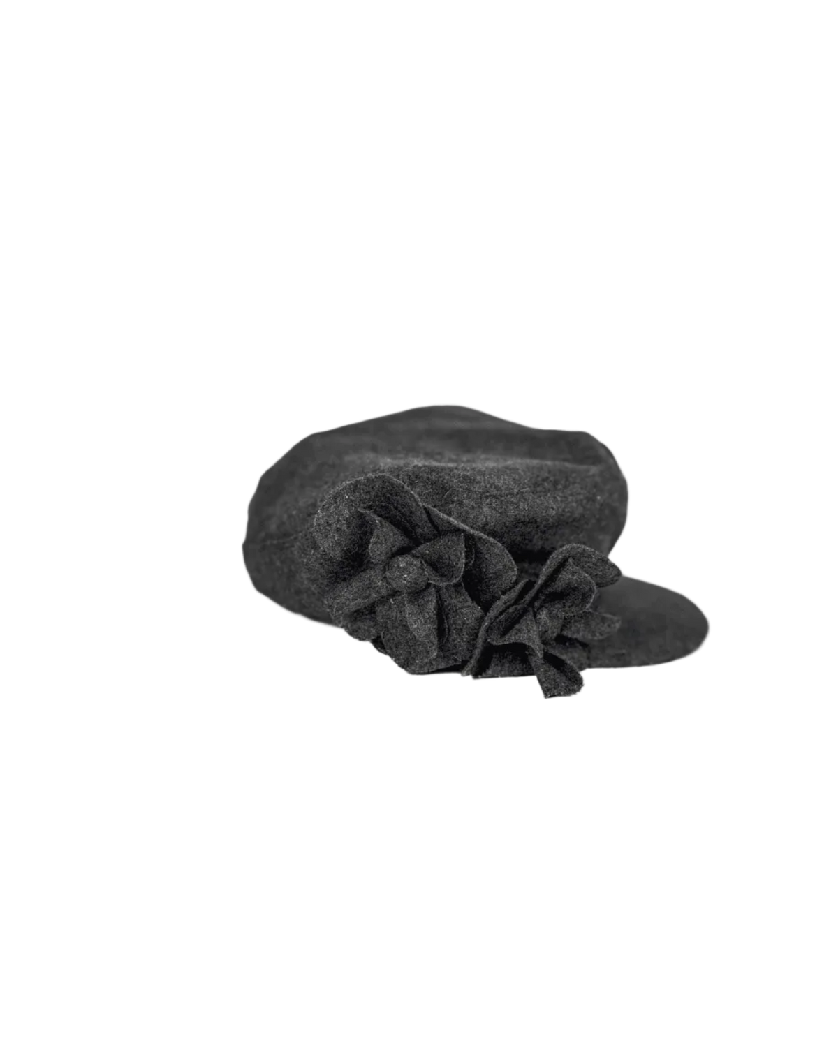 Dark gray newsboy cap with side fabric flower detail and curved brim
