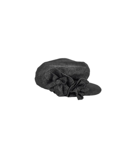 Dark gray newsboy cap with side fabric flower detail and curved brim