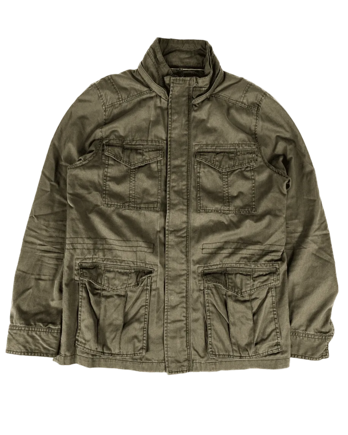 Jeans West olive military jacket with stand collar, multiple chest and sleeve pockets