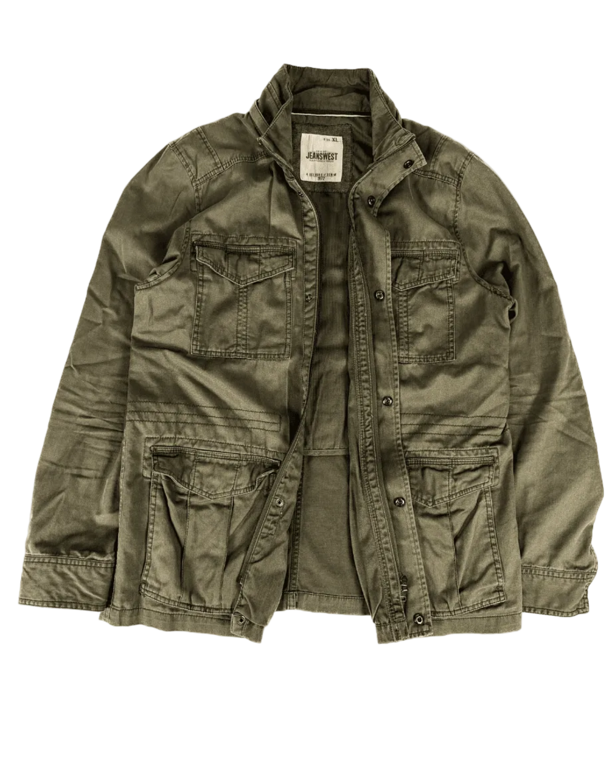 Jeans West olive field jacket, zip-front with utility pockets and epaulets