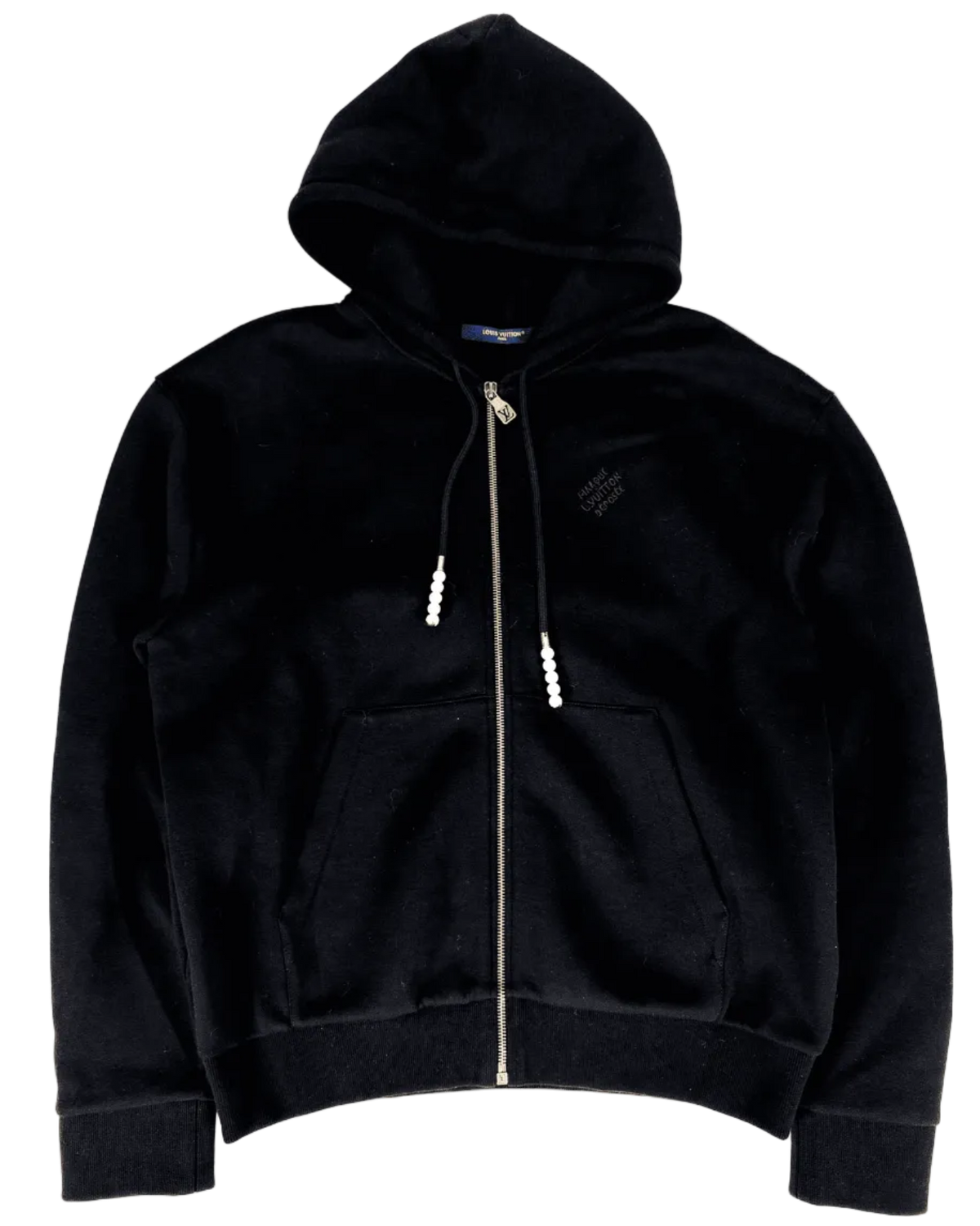 Black zip-up hoodie with gold zipper and white pearl-style drawstrings