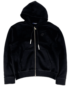 Black zip-up hoodie with gold zipper and white pearl-style drawstrings