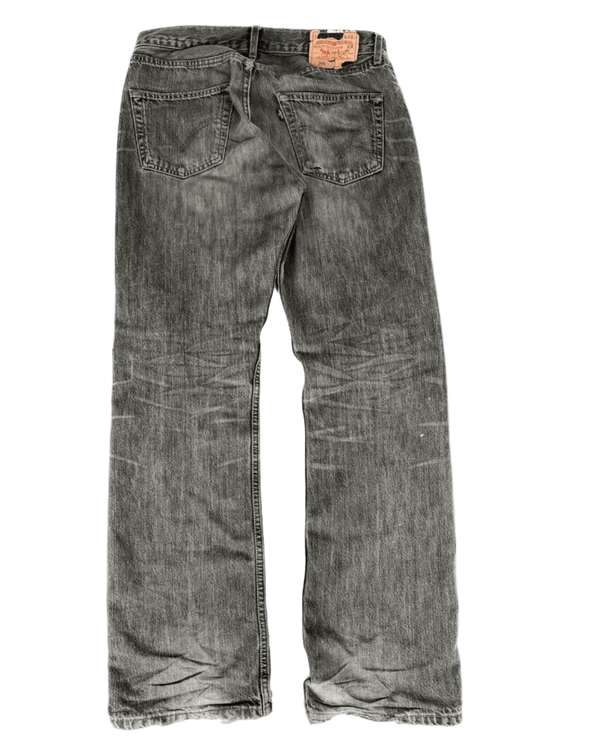 Distressed grey denim jeans with whisker wash and leather back patch
