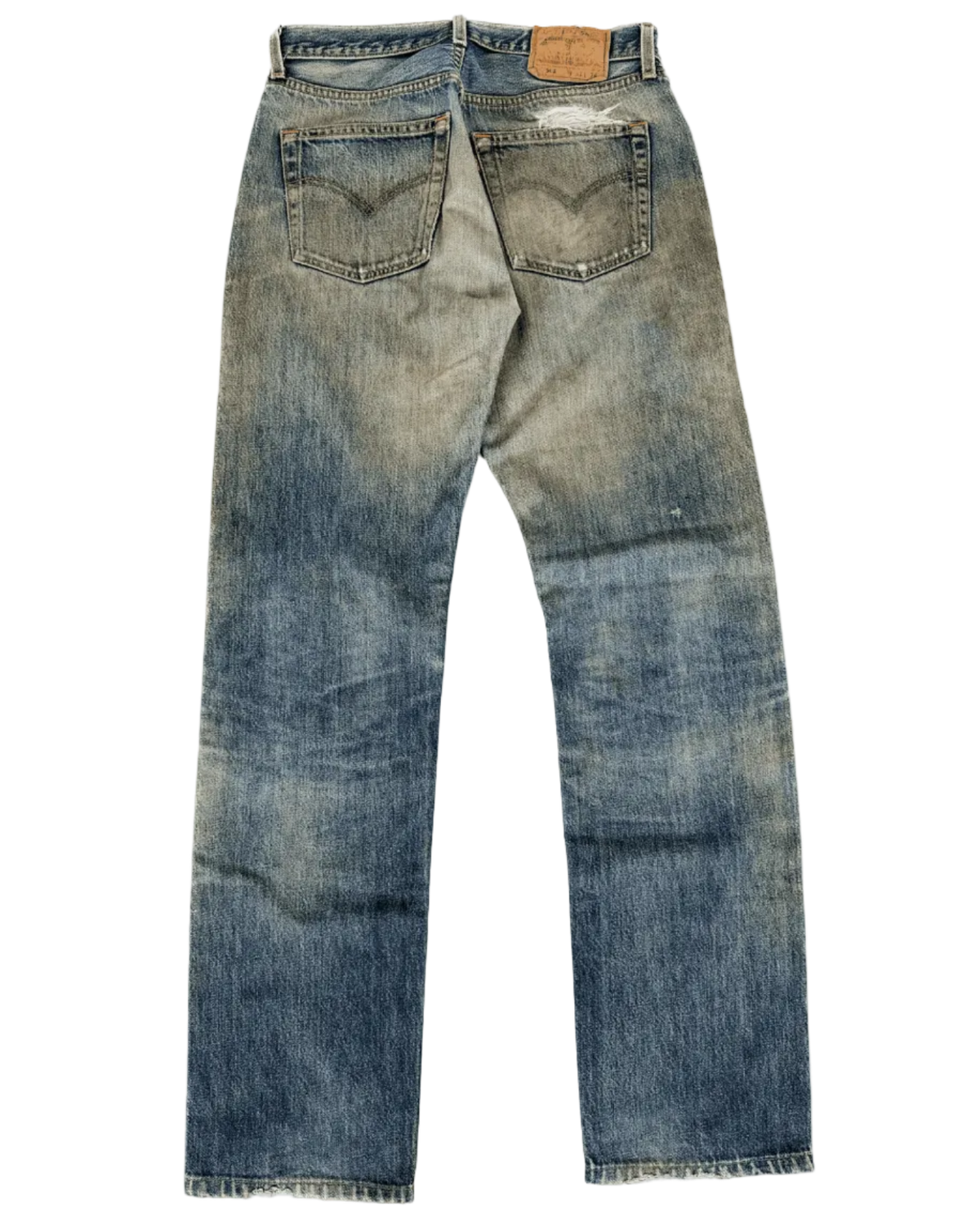 Mudwash blue Japanese jeans front view, button fly, five-pocket styling