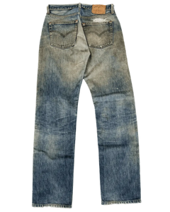 Mudwash blue Japanese jeans front view, button fly, five-pocket styling