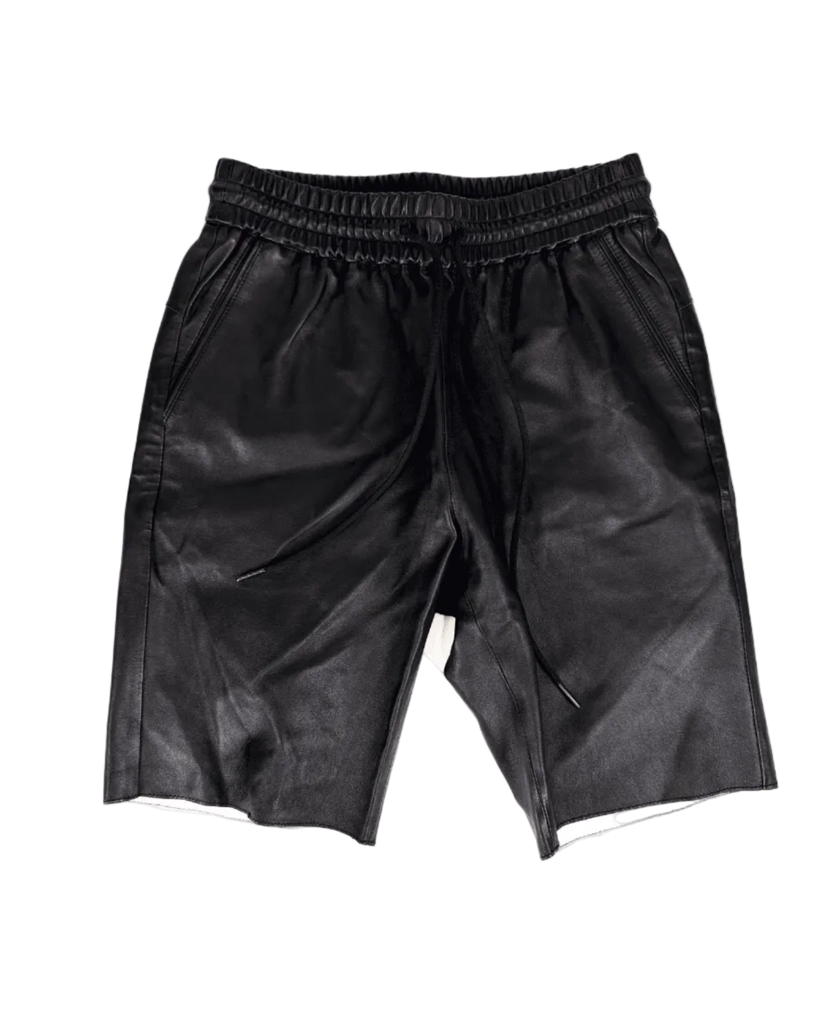 Dark leather shorts with elastic waistband and drawstring, front view