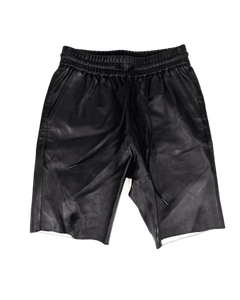 Dark leather shorts with elastic waistband and drawstring, front view