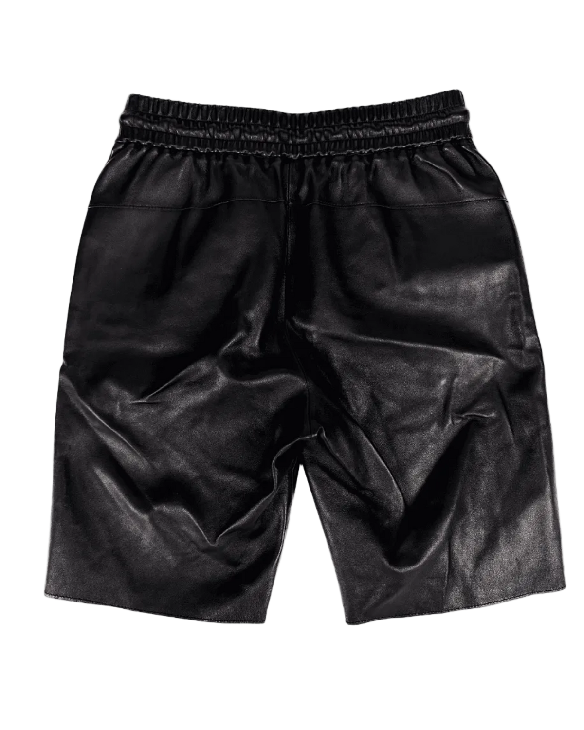 Black leather shorts with elastic waistband, relaxed front fit