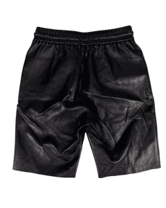Black leather shorts with elastic waistband, relaxed front fit