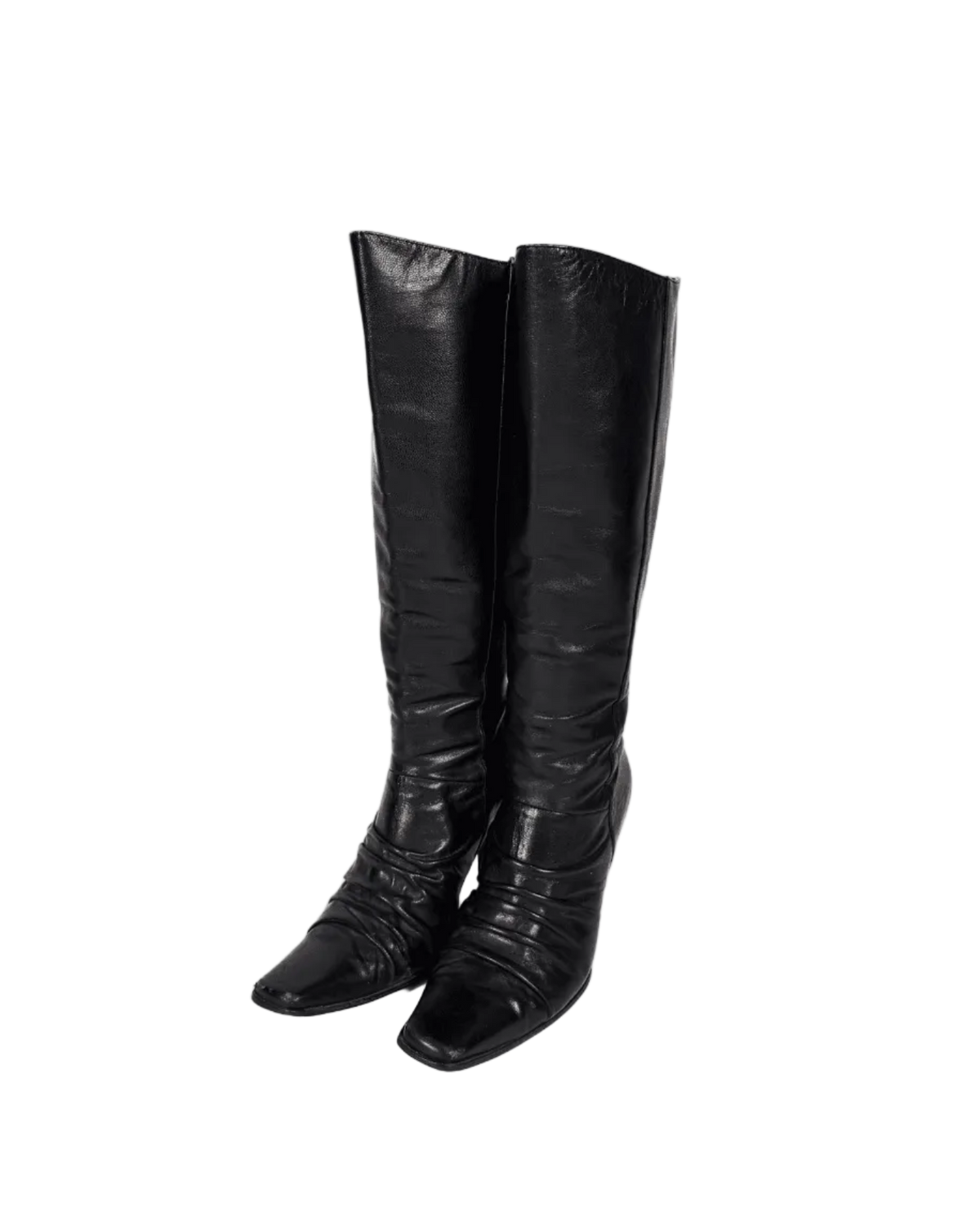 Black leather knee-high boots, pull-on style with stacked heel