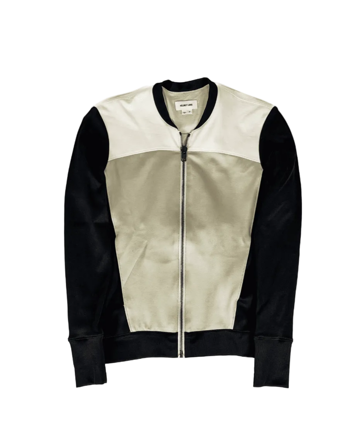 Panel bomber jacket with zip front, light beige body and black sleeves, ribbed trim