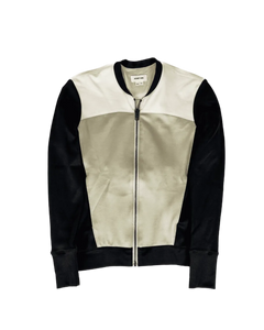 Panel bomber jacket with zip front, light beige body and black sleeves, ribbed trim
