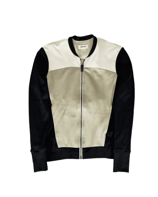 Panel bomber jacket with zip front, light beige body and black sleeves, ribbed trim