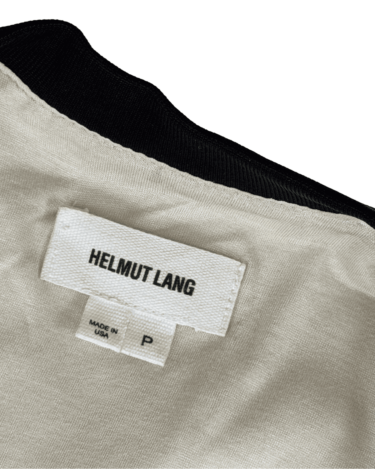 Helmut Lang label on light-beige panel bomber with black ribbed collar and knit trim