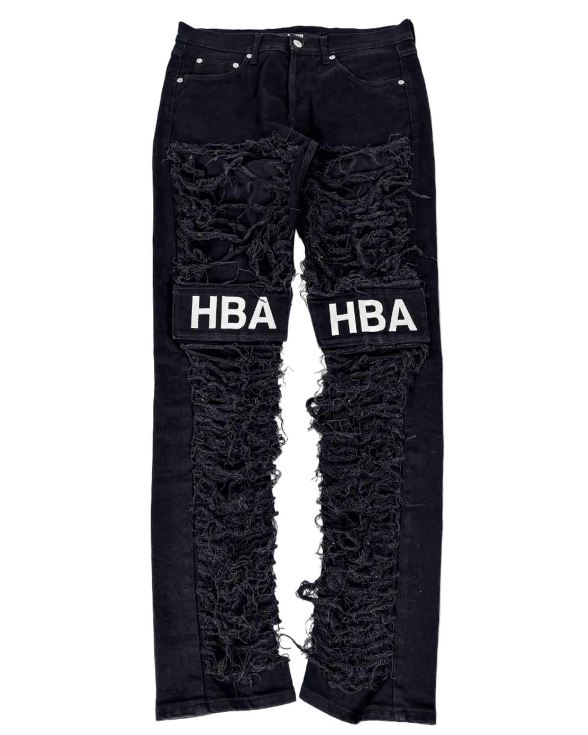 Black distressed denim jeans with large knee rips and HBA logo print on patches