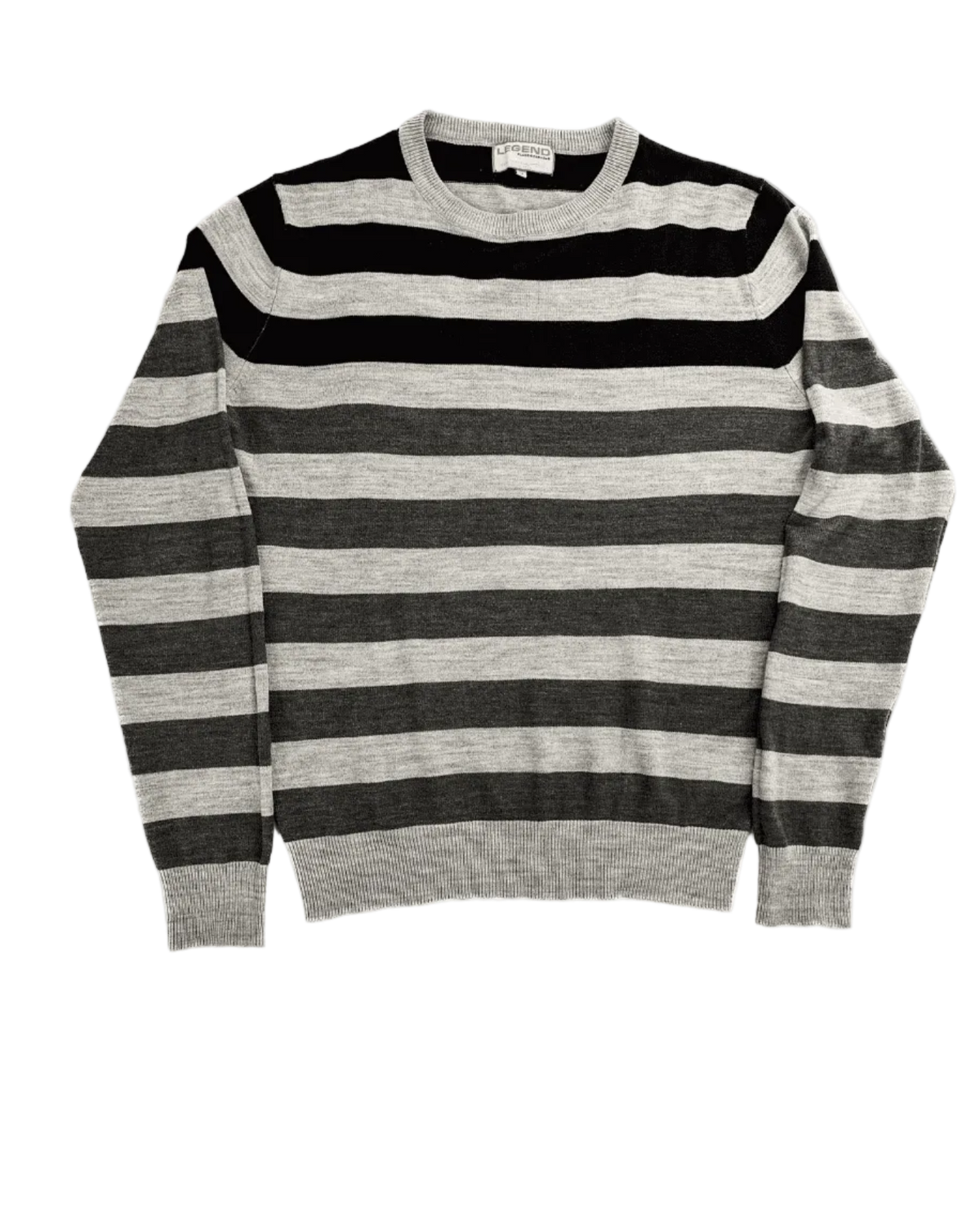 Faded striped long-sleeve knit top, crew neck, gray/black horizontal stripes