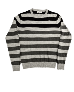 Faded striped long-sleeve knit top, crew neck, gray/black horizontal stripes