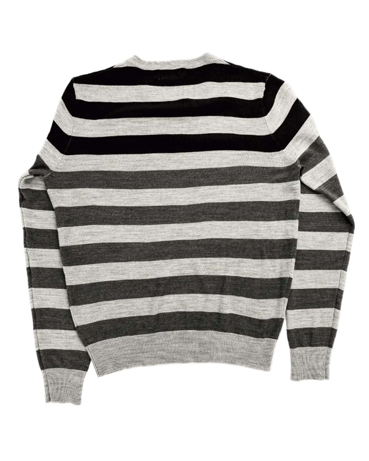Faded striped long-sleeve knit top, crew neck, gray/black horizontal stripes back view