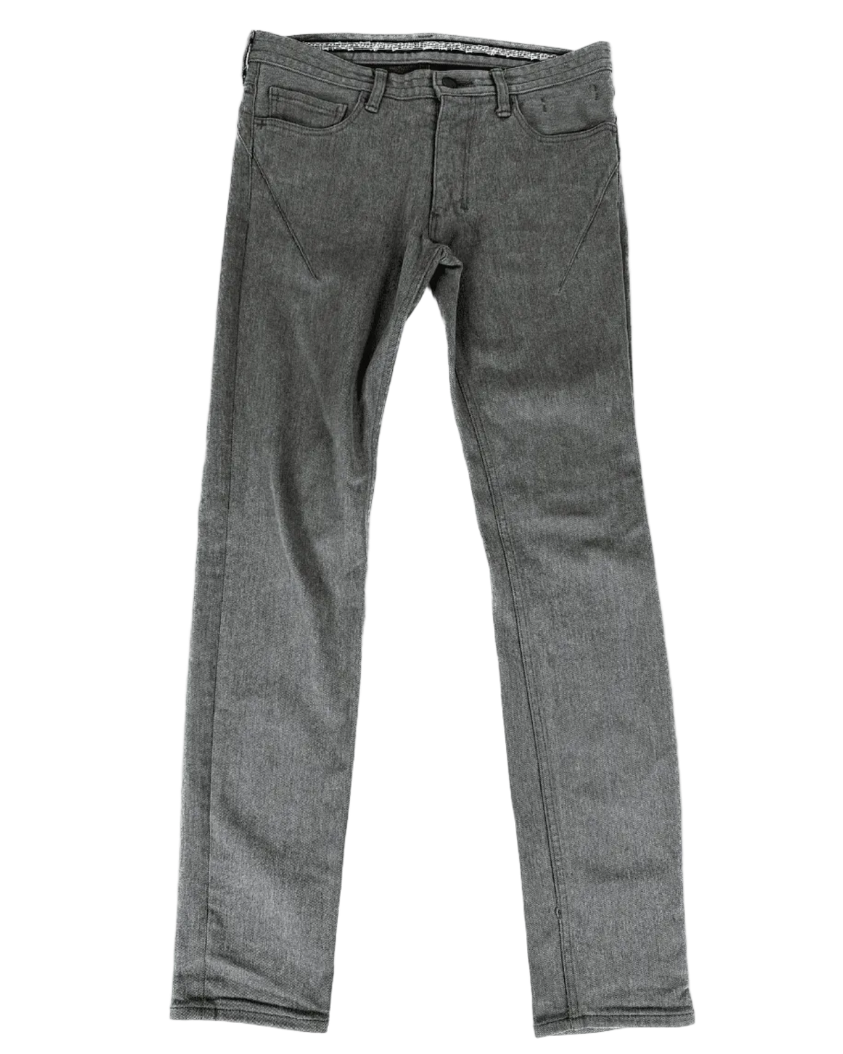 Grey denim jeans with button fly, straight legs, front pockets