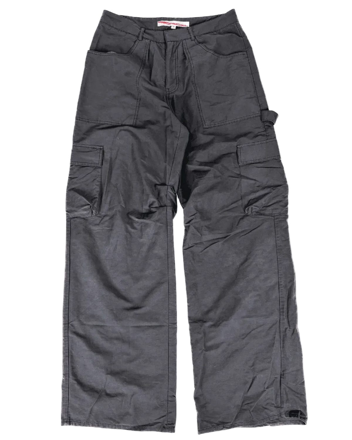 Dark gray cargo pants with drawstring waist and multiple flap pockets, straight legs