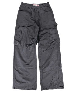 Dark gray cargo pants with drawstring waist and multiple flap pockets, straight legs