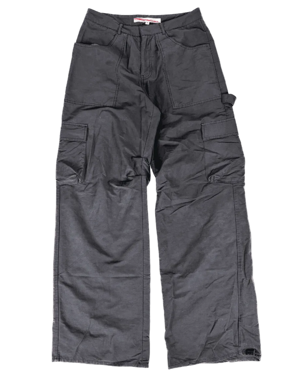 Dark gray cargo pants with drawstring waist and multiple flap pockets, straight legs