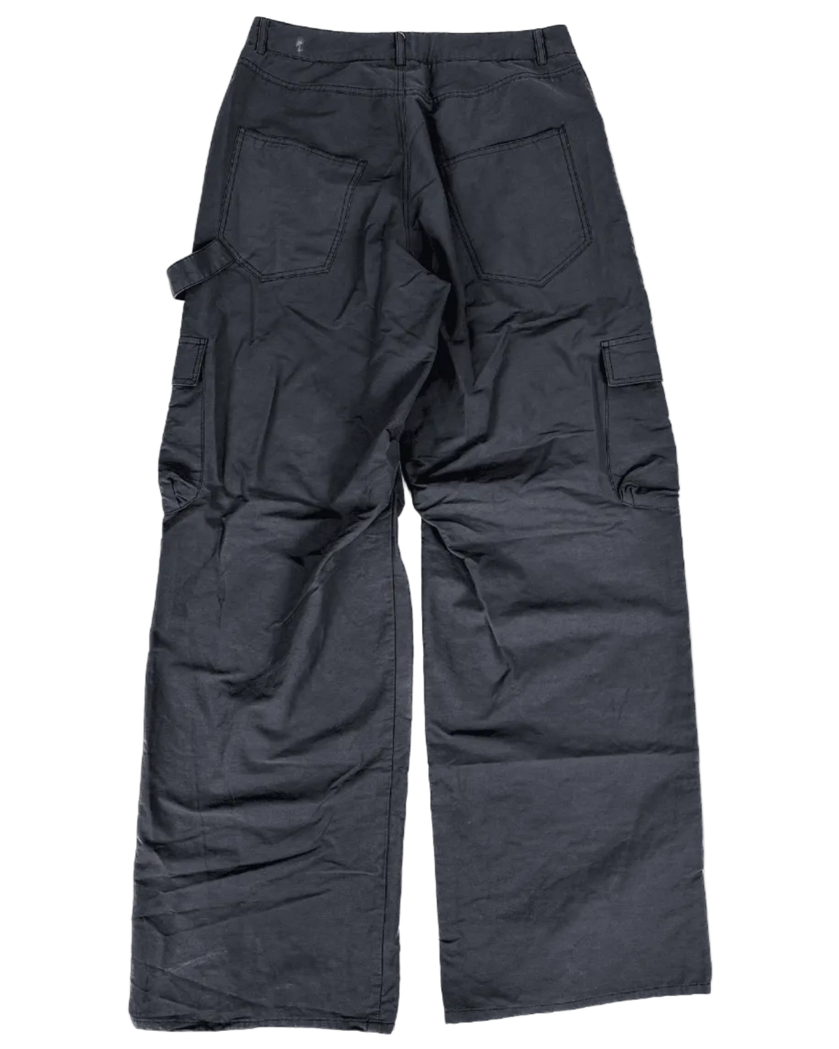 Dark gray wide cargo pants with cargo pockets and belt loops, relaxed straight fit